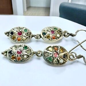 Diamond & Gemstone Sterling Oval Navratna Dangle Earrings​